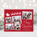 Merry Christmas 5 Photo Collage Santa Sleigh Holiday Postcard<br><div class="desc">Festive red holiday card featuring a 5 photo collage of scattered pictures in white frames, a white silhouette of reindeers flying Santa's sleigh, "Merry Christmas" in a stylish white script and your name in simple modern white typography. On the back, customize your message or leave blank for a handwritten note....</div>
