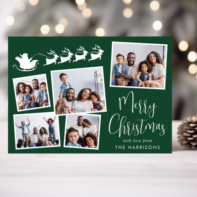 Merry Christmas 5 Photo Santa Sleigh Green Holiday Card (Share the love and warmth of the holiday season with this personalized photo Christmas card)