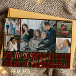 Merry Christmas 5 photos elegant script red plaid  Foil Holiday Card<br><div class="desc">Elegant stylish Merry Christmas real gold foil classic calligraphy script five family photos red green plaid tartan rustic luxury holiday card with your custom personalized text on both sides.        The foil colour is changeable - you can choose gold,  silver,  or rose gold.</div>