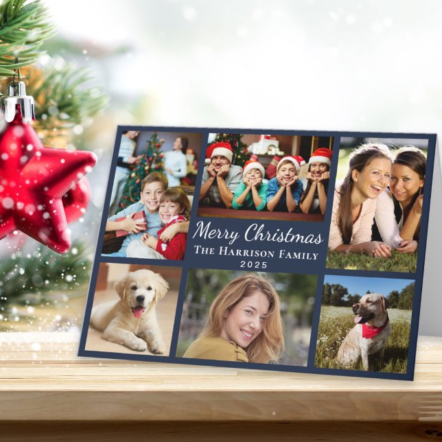 Merry Christmas 6 Photo Collage Blue Holiday Card (This holiday season, let your family's smiles and heartwarming memories shine on our 6 photo card)