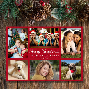 Merry Christmas 6 Photo Collage Red Holiday Card