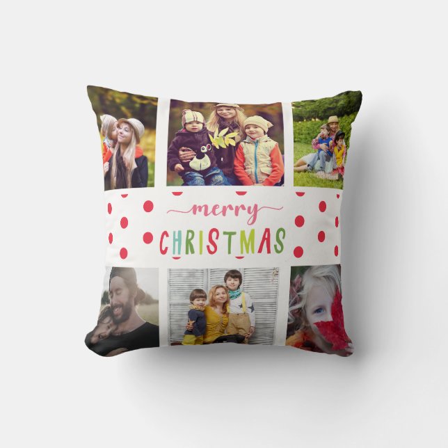 Merry Christmas 6 photo family collage colourful Throw Pillow (Front)