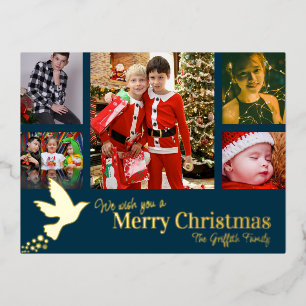 Merry Christmas 6 photos blue flying dove Foil Holiday Postcard