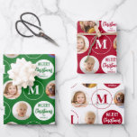 Merry Christmas 6 Photos Monogram Red Green Wrapping Paper Sheet<br><div class="desc">Add a festive touch to your Christmas holiday gifts with this set of 3 monogrammed red, green and white coordinated wrapping paper sheets featuring 6 of your photos that repeat across the pattern with the suggested editable greeting MERRY CHRISTMAS in modern typography and your name. PHOTO TIP: For fastest creation,...</div>
