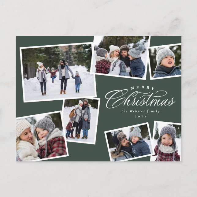 Merry Christmas 7 photo collage hunter green Holiday Postcard (Front)