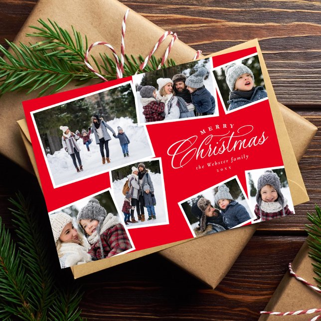 Merry Christmas 7 photo collage red family Holiday Card (Creator Uploaded)