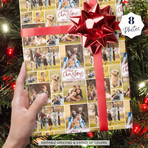 Merry Christmas 8 Photo Collage Red Personalized Wrapping Paper