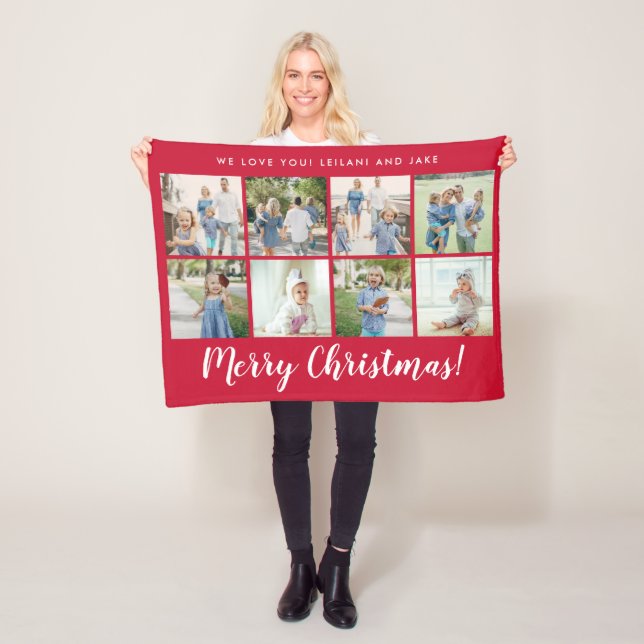 Merry Christmas 8 Photo Custom Message | Red Fleece Blanket (In Situ)