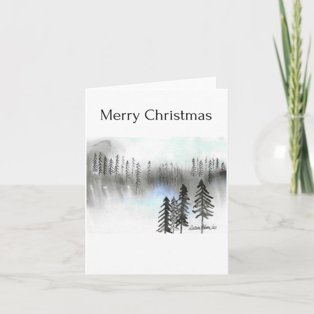 Merry Christmas, Abstract Tree Watercolor Forest Card (Front)
