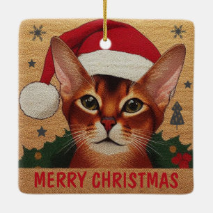 Merry Christmas Abyssinian Cat, Xmas Santa Kitten Ceramic Ornament
