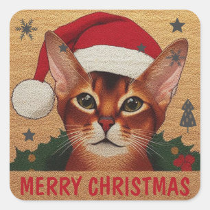 Merry Christmas Abyssinian Cat, Xmas Santa Kitten Square Sticker