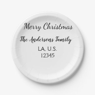 Merry Christmas add family name address name text Paper Plate