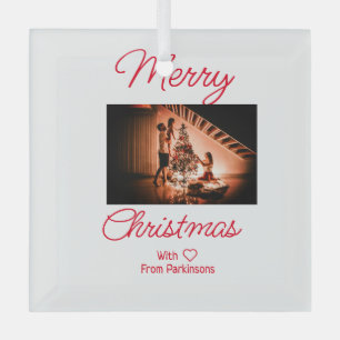 Merry Christmas add family name photo red simple m Glass Ornament