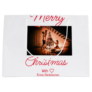 Merry Christmas add family name photo red simple m Large Gift Bag