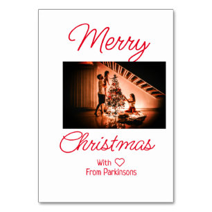 Merry Christmas add family name photo red simple m Table Number