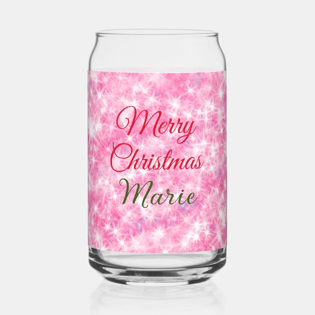 Merry Christmas add name red sparkle glitter holid Can Glass (Front)
