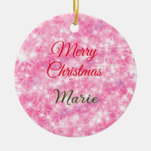 Merry Christmas add name red sparkle glitter holid Ceramic Ornament