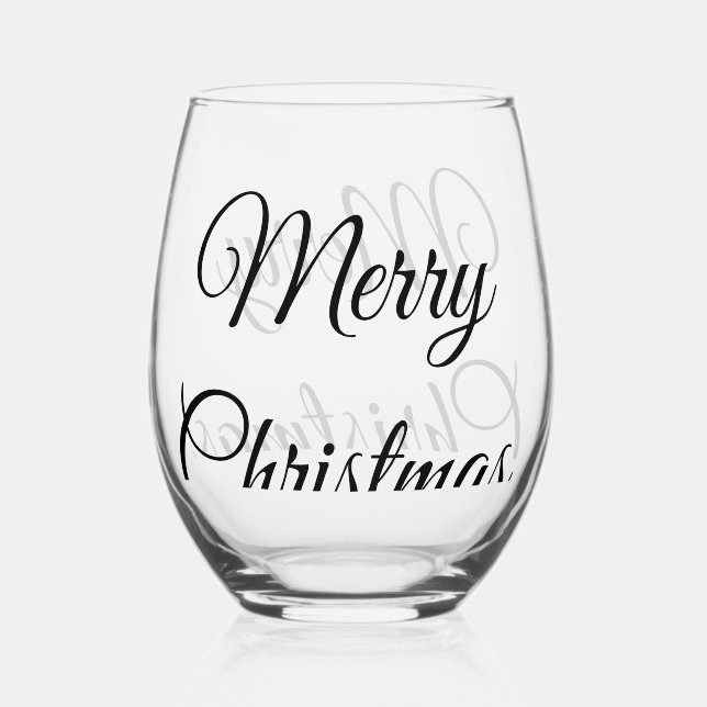 Merry Christmas add name text custom family gift Stemless Wine Glass (Front)