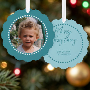 Merry Christmas add photo family name blue Ornament Card