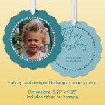 Merry Christmas add photo family name blue Ornament Card<br><div class="desc">Personalize this 'Merry Christmas' ornament card with a photo on the front and your family name on the back.
Comes with a convenient ribbon for hanging,  making them easy to display and enjoy.
Blue and white.</div>