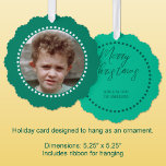 Merry Christmas add photo family name green Ornament Card<br><div class="desc">Personalize this 'Merry Christmas' ornament card with a photo on the front and your family name on the back.
Comes with a convenient ribbon for hanging,  making them easy to display and enjoy.
Green and white.</div>