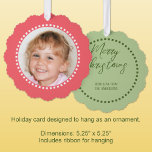 Merry Christmas add photo family name pink Ornament Card<br><div class="desc">Personalize this 'Merry Christmas' ornament card with a photo on the front and your family name on the back.
Comes with a convenient ribbon for hanging,  making them easy to display and enjoy.
Pink and green.</div>