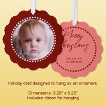 Merry Christmas add photo family name red Ornament Card<br><div class="desc">Personalize this 'Merry Christmas' ornament card with a photo on the front and your family name on the back.
Comes with a convenient ribbon for hanging,  making them easy to display and enjoy.
Red and white.</div>