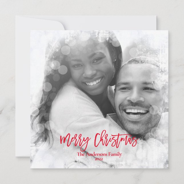 Merry Christmas Add Photo Modern White Bokeh Holiday Card (Front)