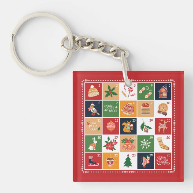 Merry Christmas Advent Calendar Poinsettia Red Keychain (Front)