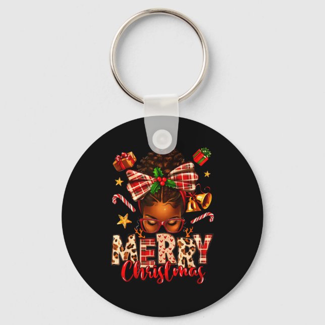 Merry Christmas Afro Messy Bun Xmas 2025 Woman Gir Keychain (Front)