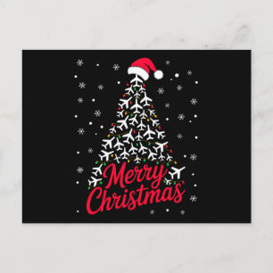 Merry Christmas Airplane Tree Santa Hat Snowflakes Holiday Postcard