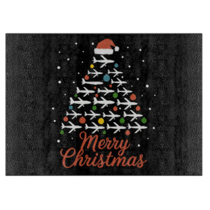 Merry Christmas Airplane Tree Vacation Cutting Board