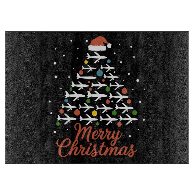 Merry Christmas Airplane Tree Vacation Cutting Board (Front)
