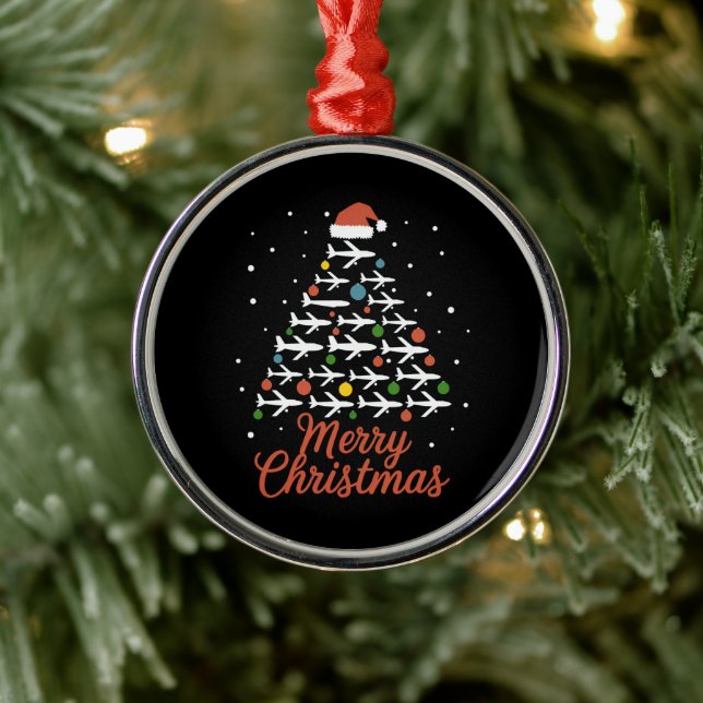 Merry Christmas Airplane Tree Vacation Metal Ornament (Tree)