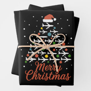 Merry Christmas Airplane Tree Vacation Wrapping Paper Sheet