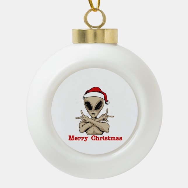 Merry Christmas Alien Ceramic Ball Christmas Ornament (Front)
