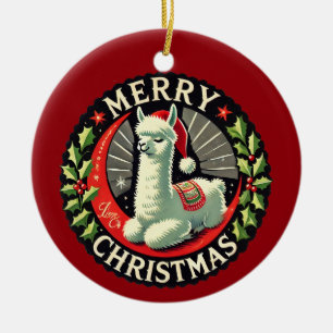 Merry Christmas Alpaca Artwork Christmas Artwork   Ceramic Ornament