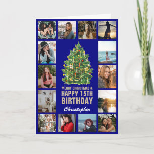 Merry Christmas and 15th Happy Birthday Navy Blue Card