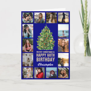 Merry Christmas and 60th Happy Birthday Navy Blue Card