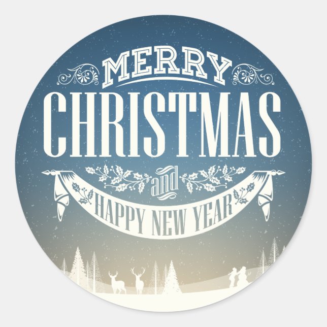 Merry Christmas and a Happy New Year Snow Scene Classic Round Sticker (Front)
