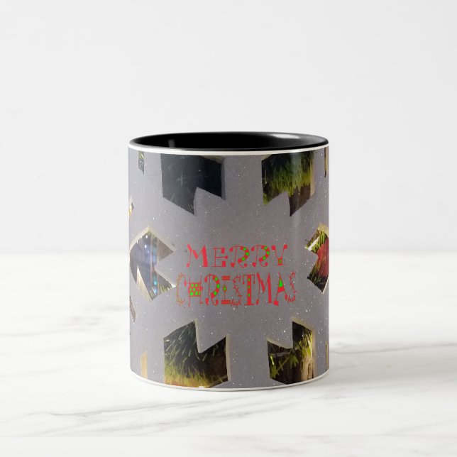 Merry Christmas and a Happy New Year Snowflake Art Two-Tone Coffee Mug (Center)