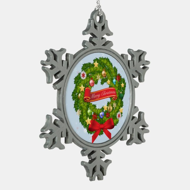 Merry Christmas and a Happy New Year! Snowflake Pewter Christmas Ornament (Left)