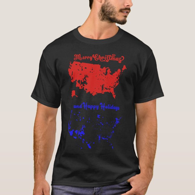 Merry Christmas And Happy Holidays Festive Usa Map T-Shirt (Front)