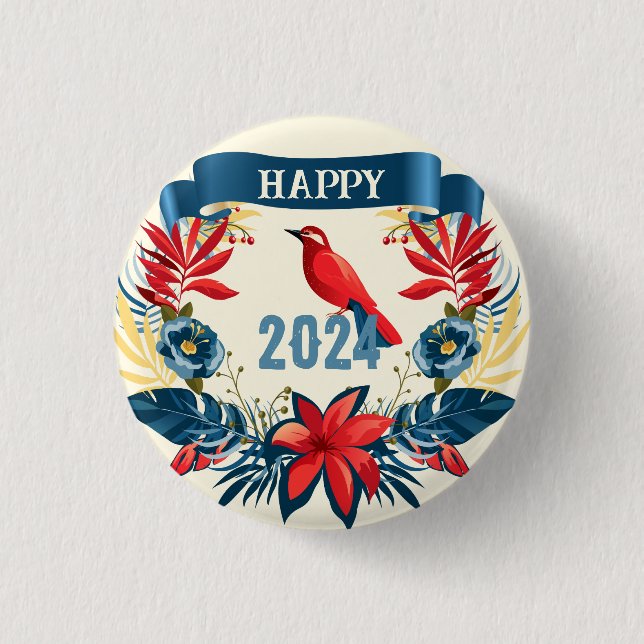 Merry Christmas and Happy New Year! 2024 Red Bird 1 Inch Round Button (Front)
