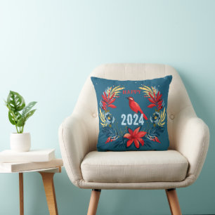 Merry Christmas and Happy New Year! 2024 Red Bird Throw Pillow