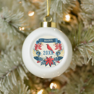 Merry Christmas and Happy New Year! 2026 Red Bird Ceramic Ball Christmas Ornament