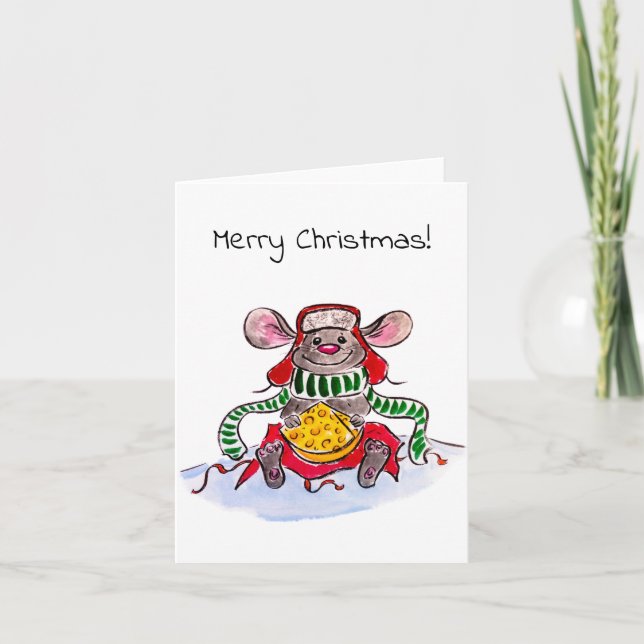 Merry Christmas and Happy New Year Cheese Mouse Holiday Card (Front)
