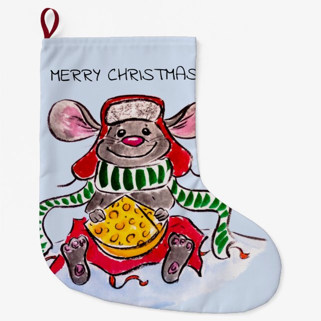 Merry Christmas and Happy New Year Cheese Mouse Large Christmas Stocking (Front)