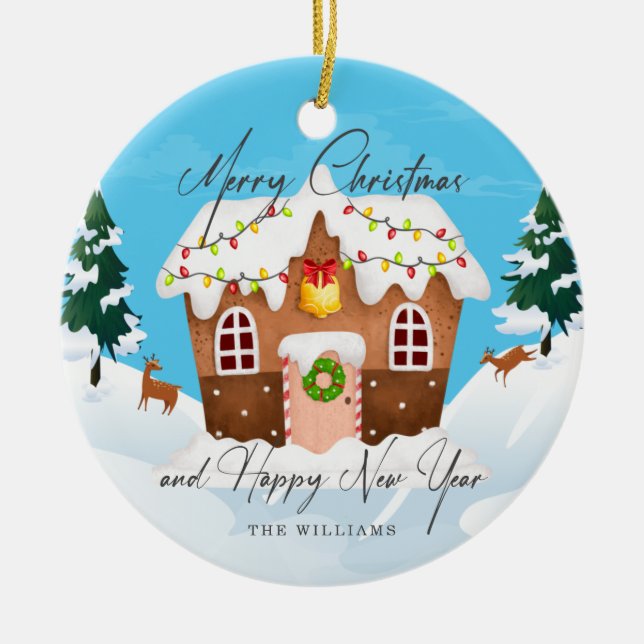 Merry Christmas and Happy New Year Gingerbread Ceramic Ornament (Front)