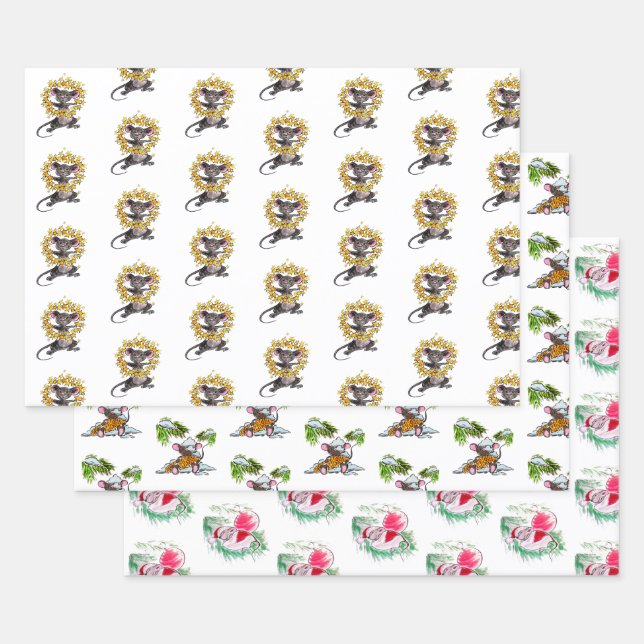 Merry Christmas and Happy New Year Mice Wrapping Paper Sheet (Set)